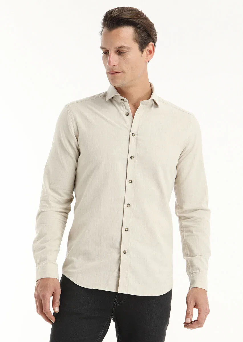 Bej Çizgili Regular Fit Dokuma Casual %100 Pamuk Gömlek - 4