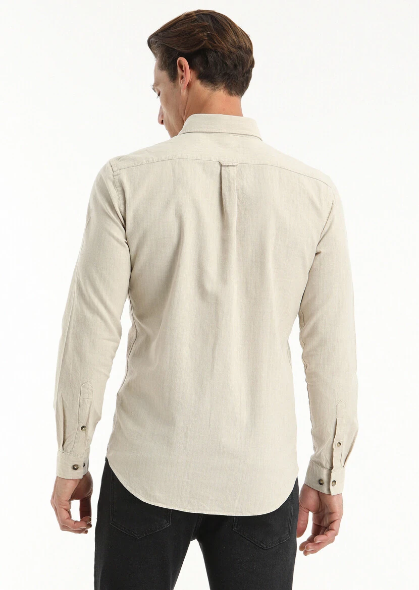 Bej Çizgili Regular Fit Dokuma Casual %100 Pamuk Gömlek - 5