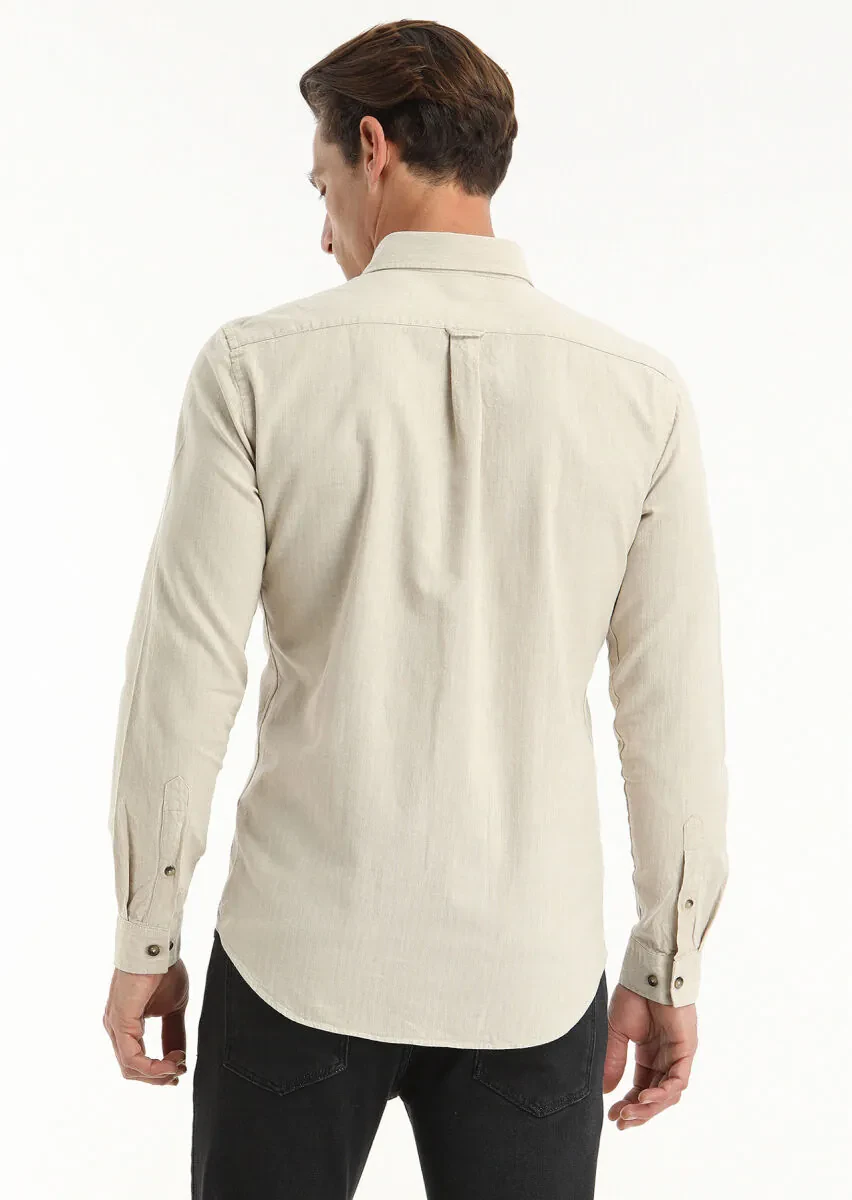 Bej Çizgili Regular Fit Dokuma Casual %100 Pamuk Gömlek - 5