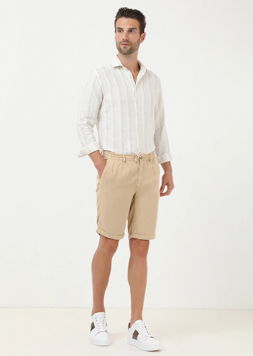 Bej Çizgili Regular Fit Dokuma Casual Pamuk Karışımlı Gömlek - 2