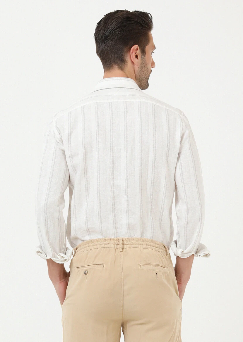 Bej Çizgili Regular Fit Dokuma Casual Pamuk Karışımlı Gömlek - 4