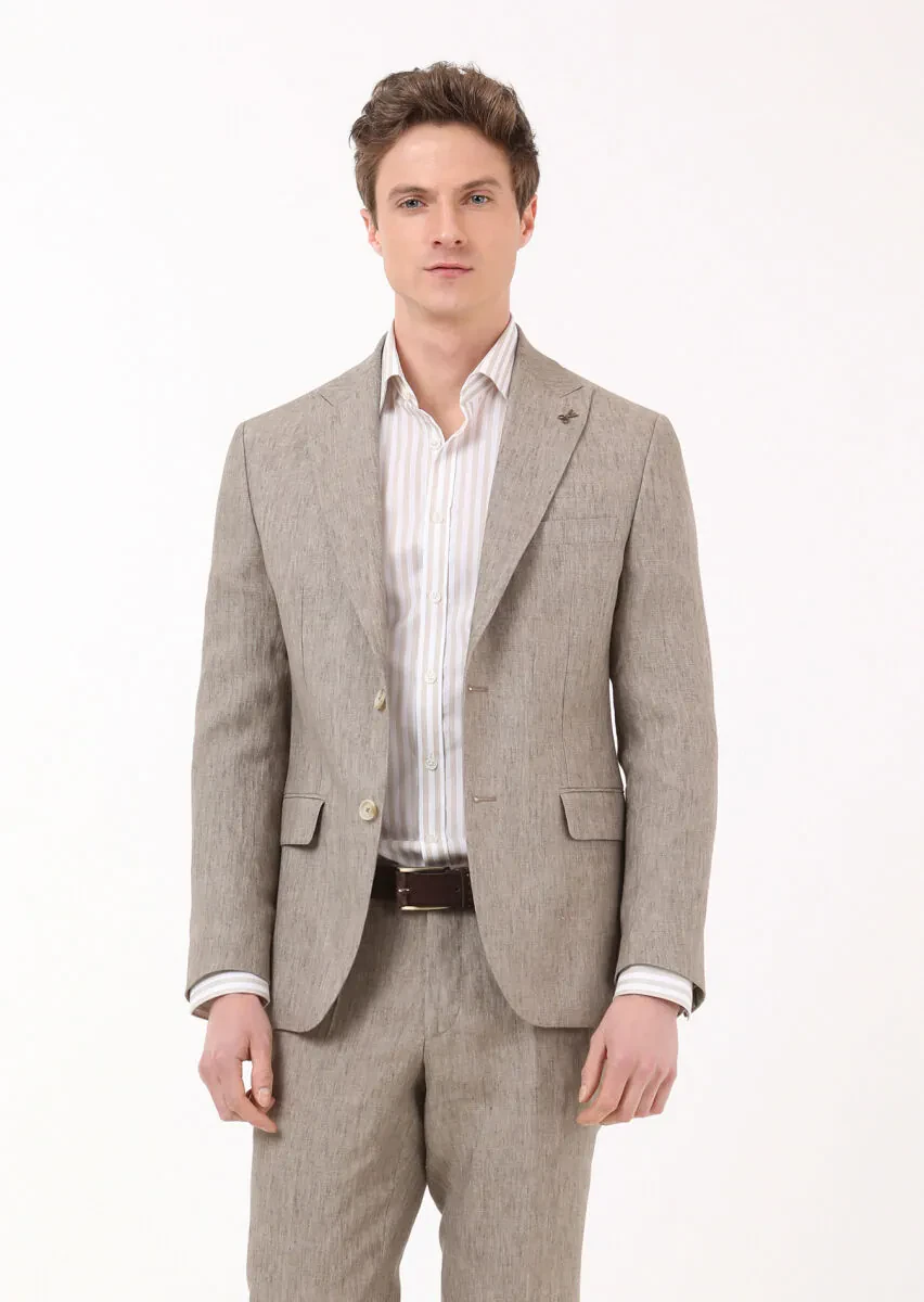 Bej Çizgili Regular Fit Dokuma Klasik %100 Pamuk Gömlek - 4