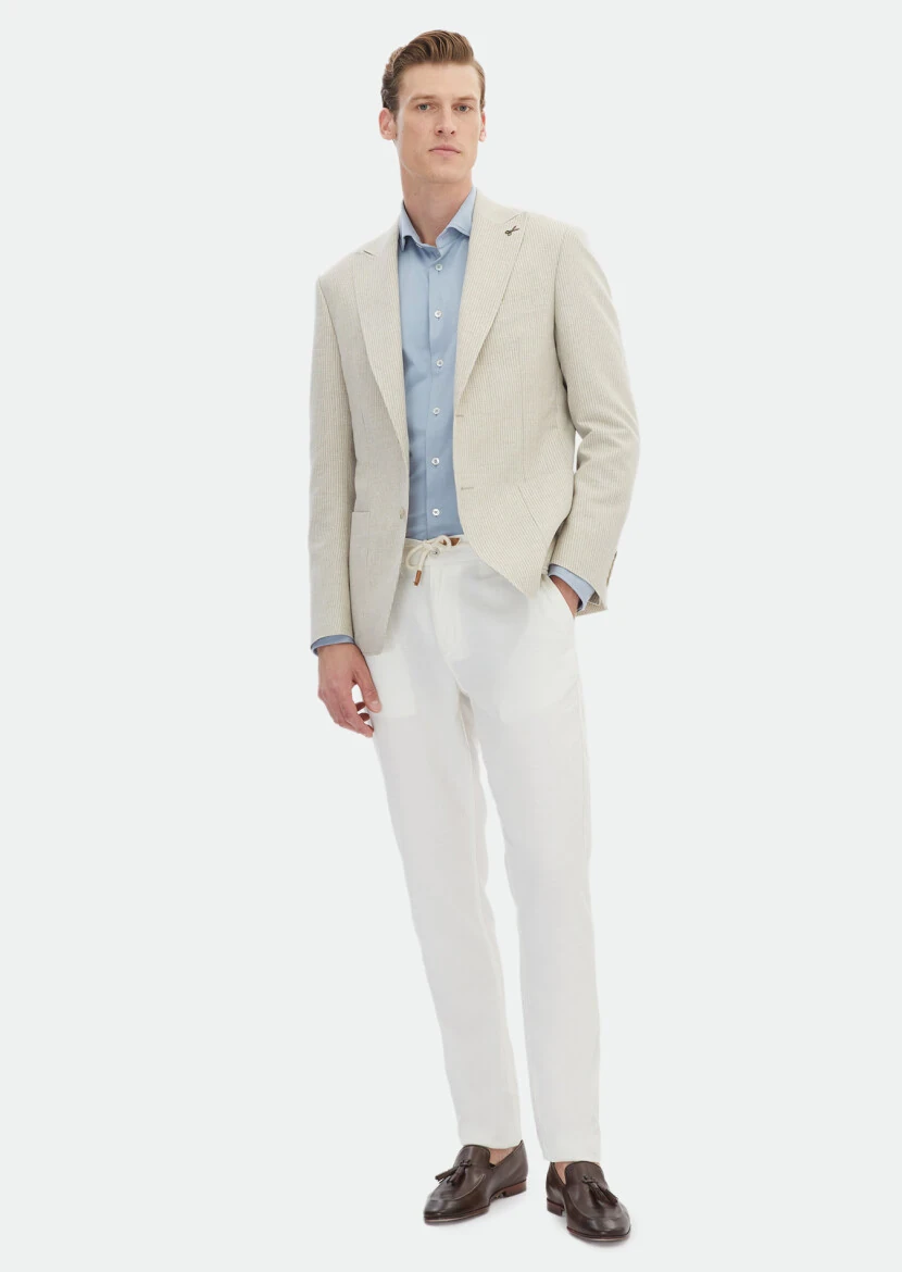 Bej Çizgili Zeroweight Slim Fit Pamuk Karışımlı Ceket - RAMSEY