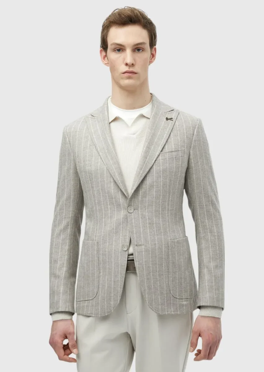 Bej Çizgili Zeroweight Slim Fit Yün Karışımlı Ceket - 4
