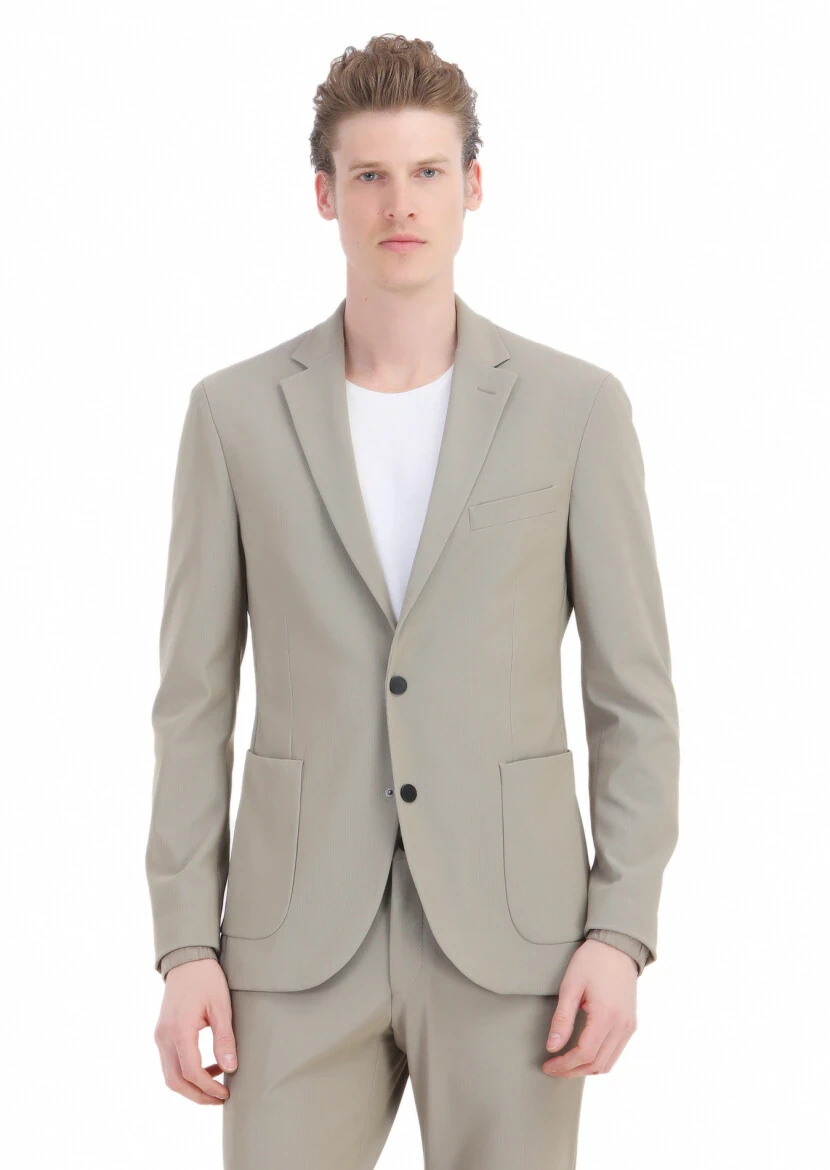 Bej Desenli Comfort Fit Örme Takım Elbise - 3