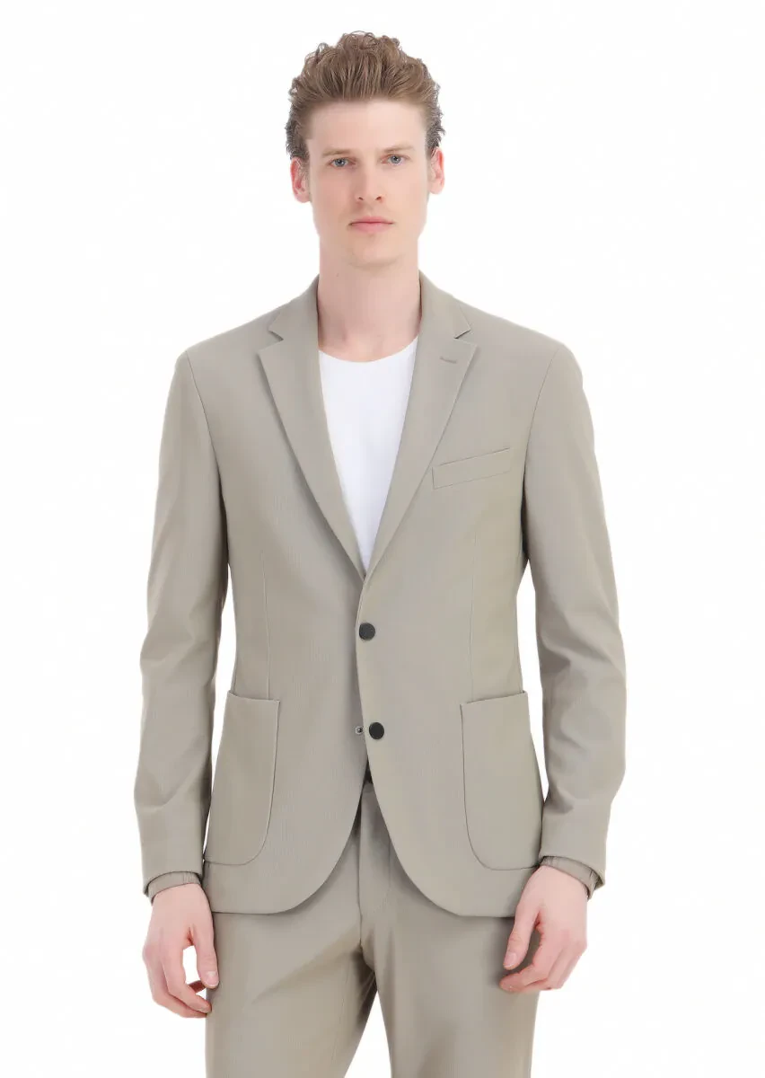 Bej Desenli Comfort Fit Örme Takım Elbise - 3