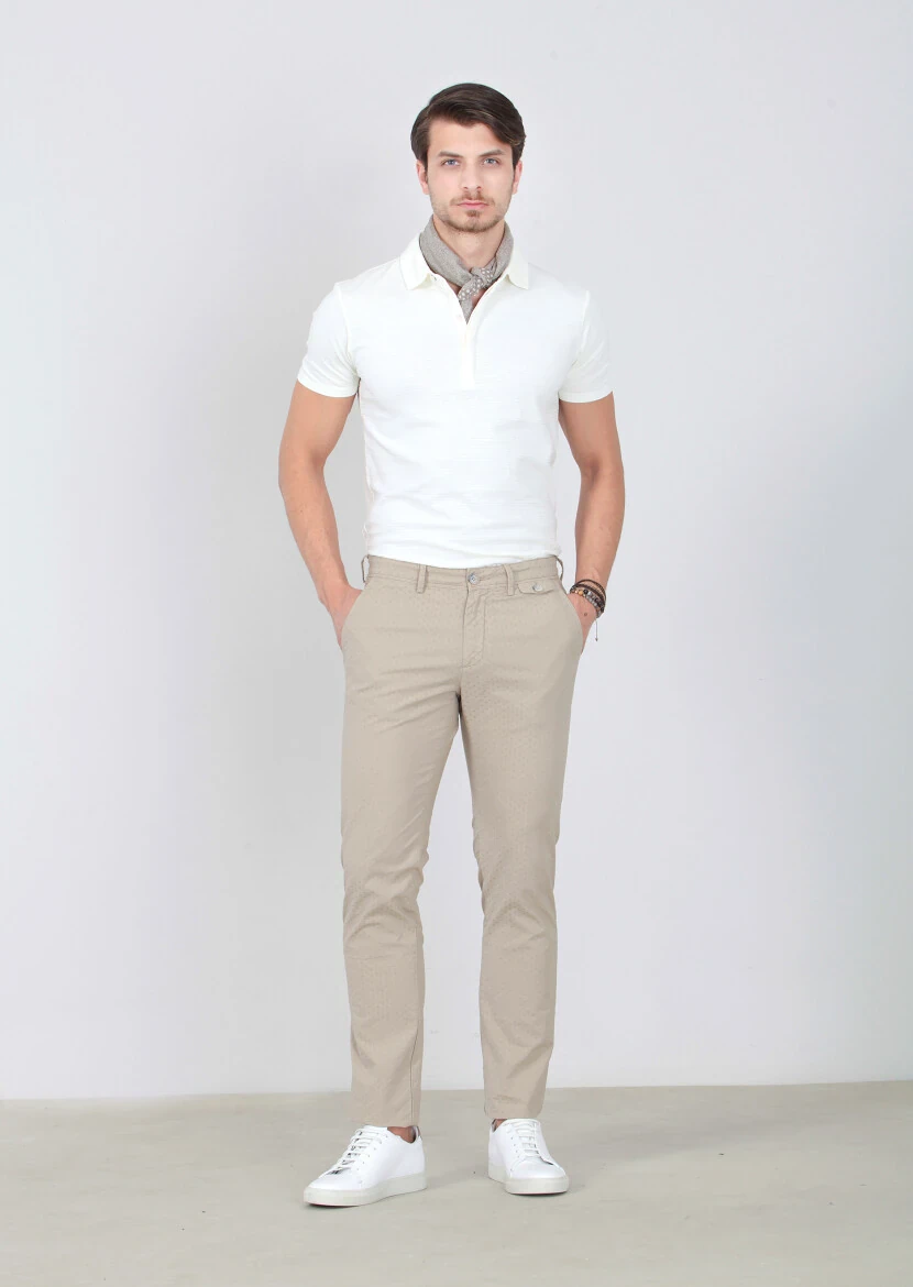 Bej Desenli Dokuma Regular Fit Casual Pamuk Karışımlı Pantolon - 1