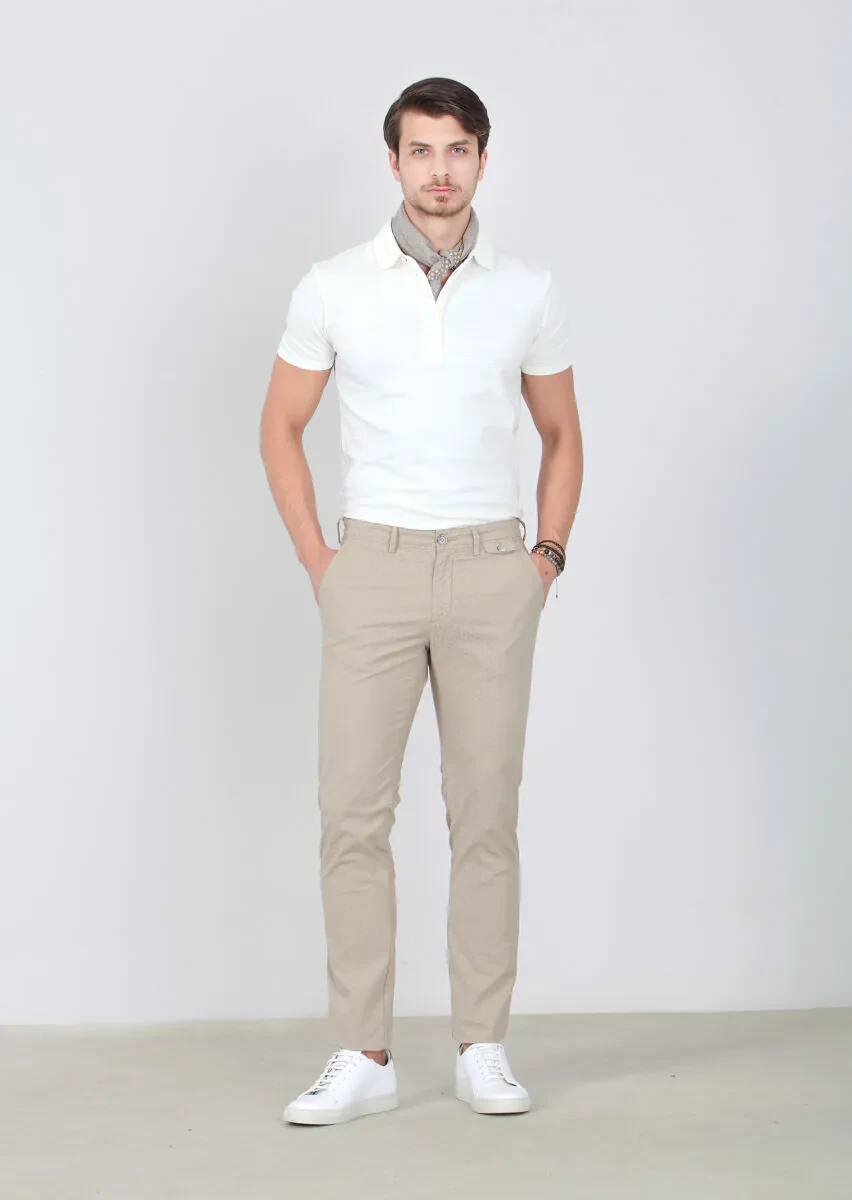 Bej Desenli Dokuma Regular Fit Casual Pamuk Karışımlı Pantolon - 1