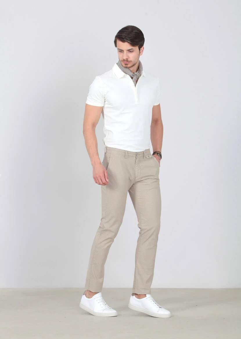 Bej Desenli Dokuma Regular Fit Casual Pamuk Karışımlı Pantolon 
