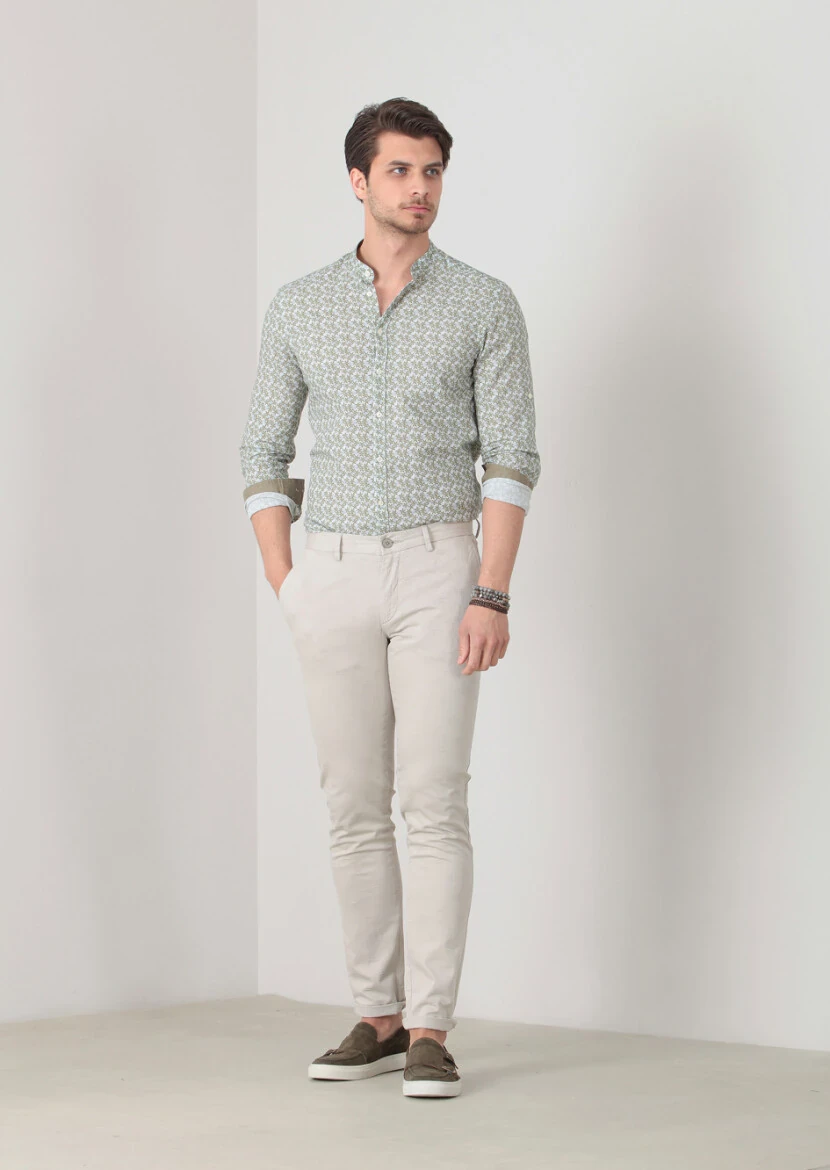 Bej Desenli Dokuma Slim Fit Casual Pamuk Karışımlı Pantolon - 1