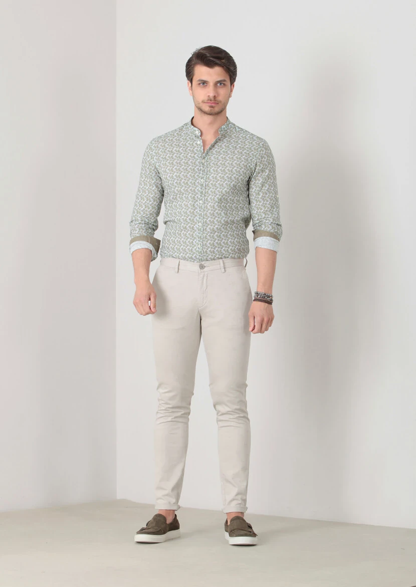 Bej Desenli Dokuma Slim Fit Casual Pamuk Karışımlı Pantolon - 2