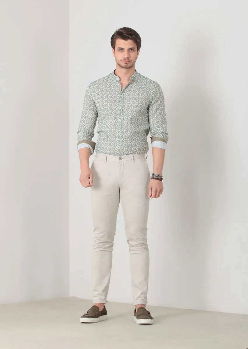 Bej Desenli Dokuma Slim Fit Casual Pamuk Karışımlı Pantolon - 2