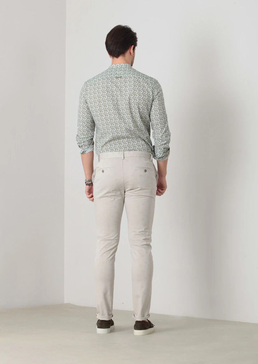 Bej Desenli Dokuma Slim Fit Casual Pamuk Karışımlı Pantolon - 4