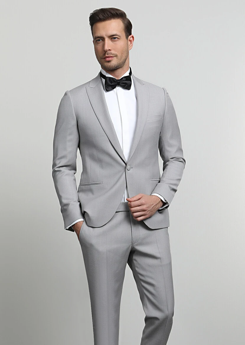 Bej Desenli Fashion Slim Fit Kruvaze Yaka Dokuma Smokin Takım Elbise - 1