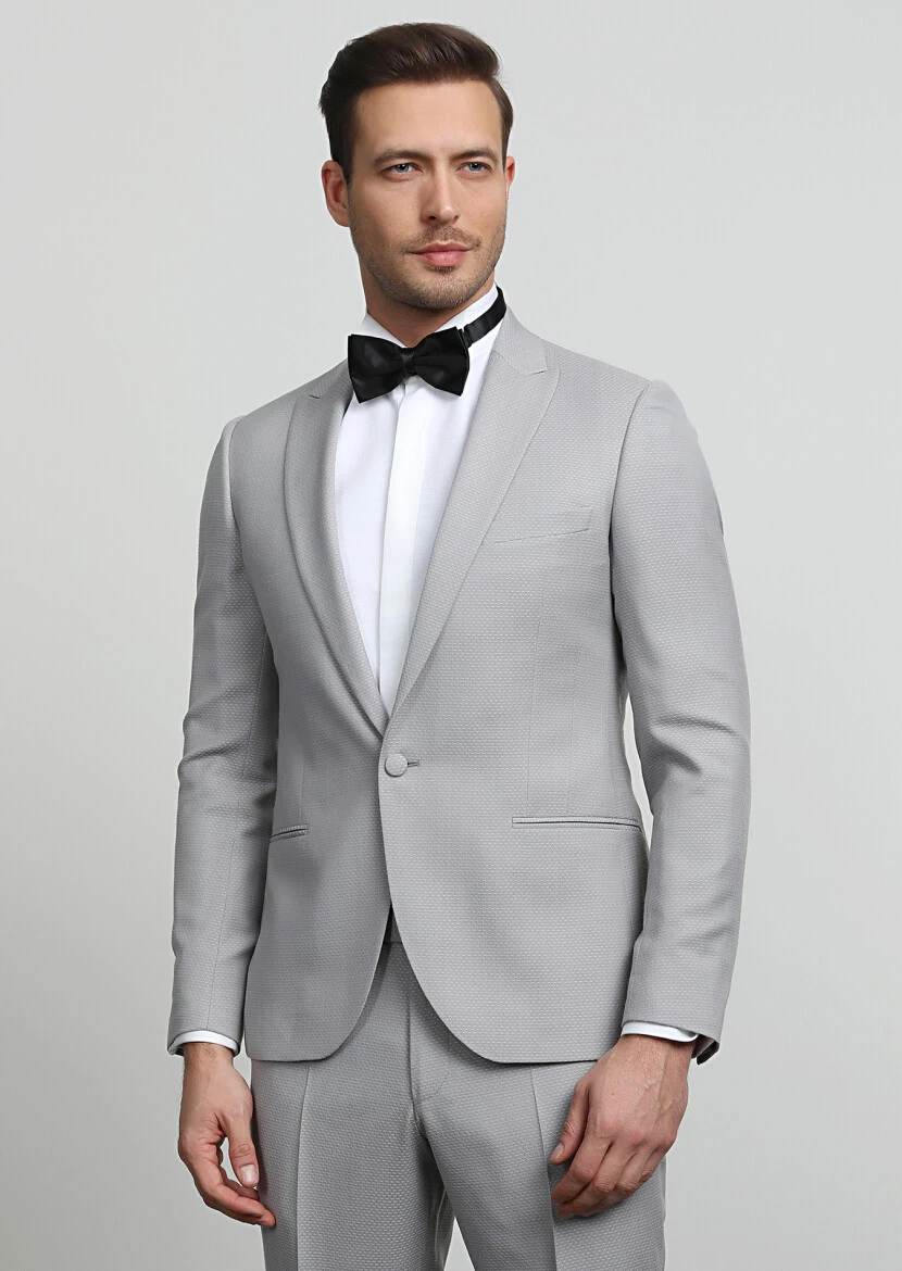 Bej Desenli Fashion Slim Fit Kruvaze Yaka Dokuma Smokin Takım Elbise - 3