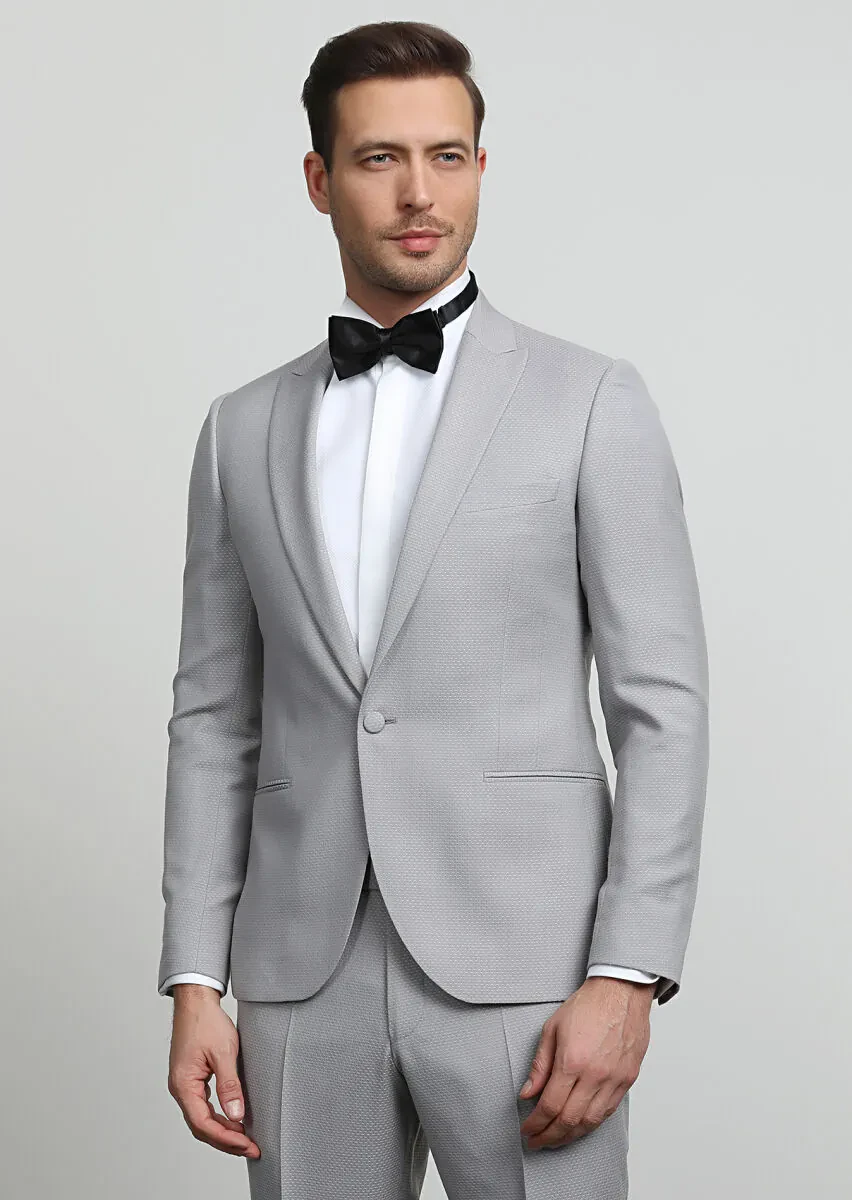 Bej Desenli Fashion Slim Fit Kruvaze Yaka Dokuma Smokin Takım Elbise - 3