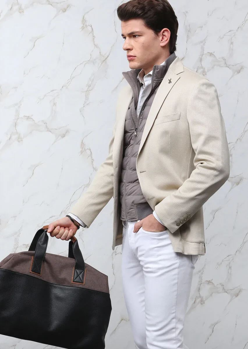 Bej Desenli Shirt Shoulder Slim Fit Pamuk Karışımlı Örme Ceket - 1