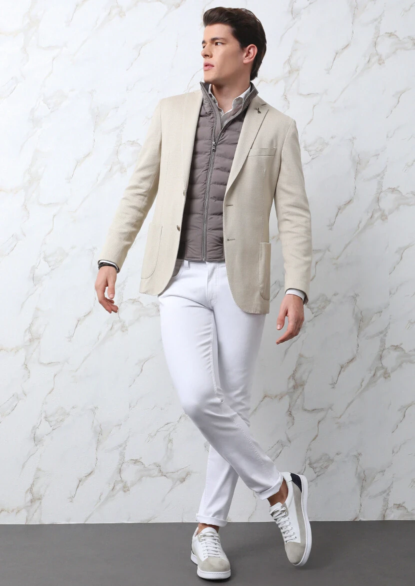 Bej Desenli Shirt Shoulder Slim Fit Pamuk Karışımlı Örme Ceket - 2