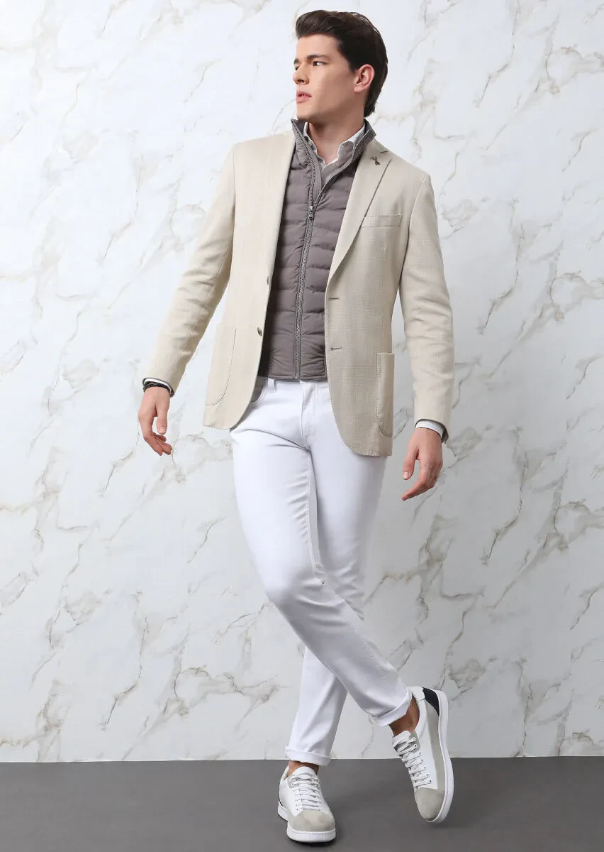 Bej Desenli Shirt Shoulder Slim Fit Pamuk Karışımlı Örme Ceket - 2