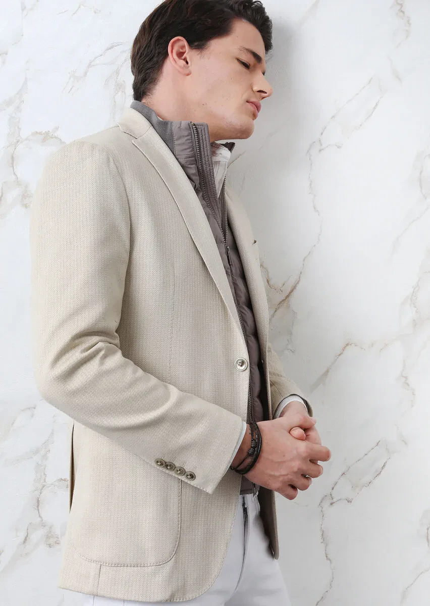 Bej Desenli Shirt Shoulder Slim Fit Pamuk Karışımlı Örme Ceket - 4