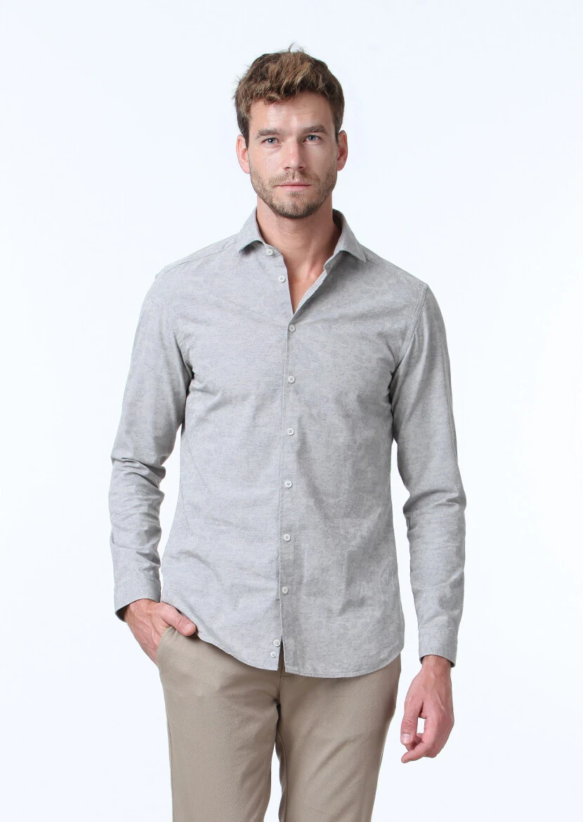 Bej Desenli Slim Fit Dokuma Casual %100 Pamuk Gömlek - 1
