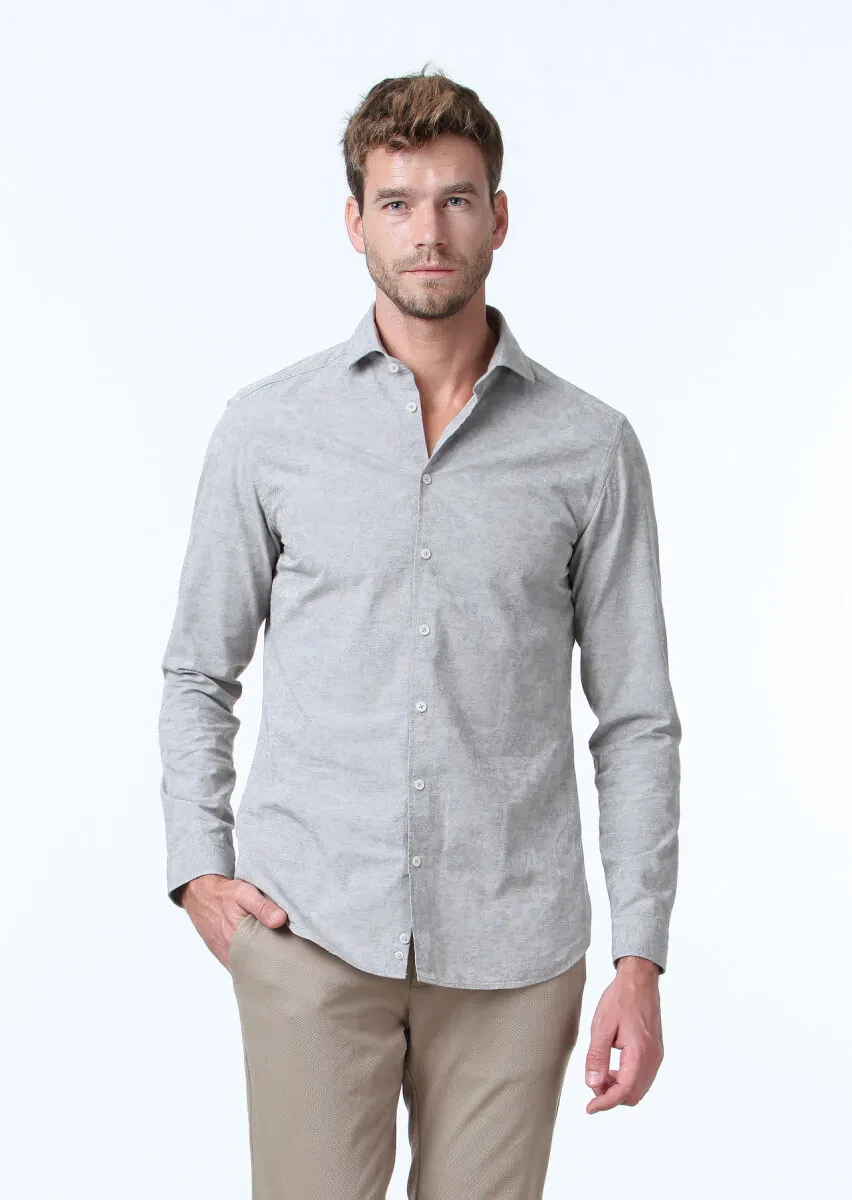 Bej Desenli Slim Fit Dokuma Casual %100 Pamuk Gömlek - 1