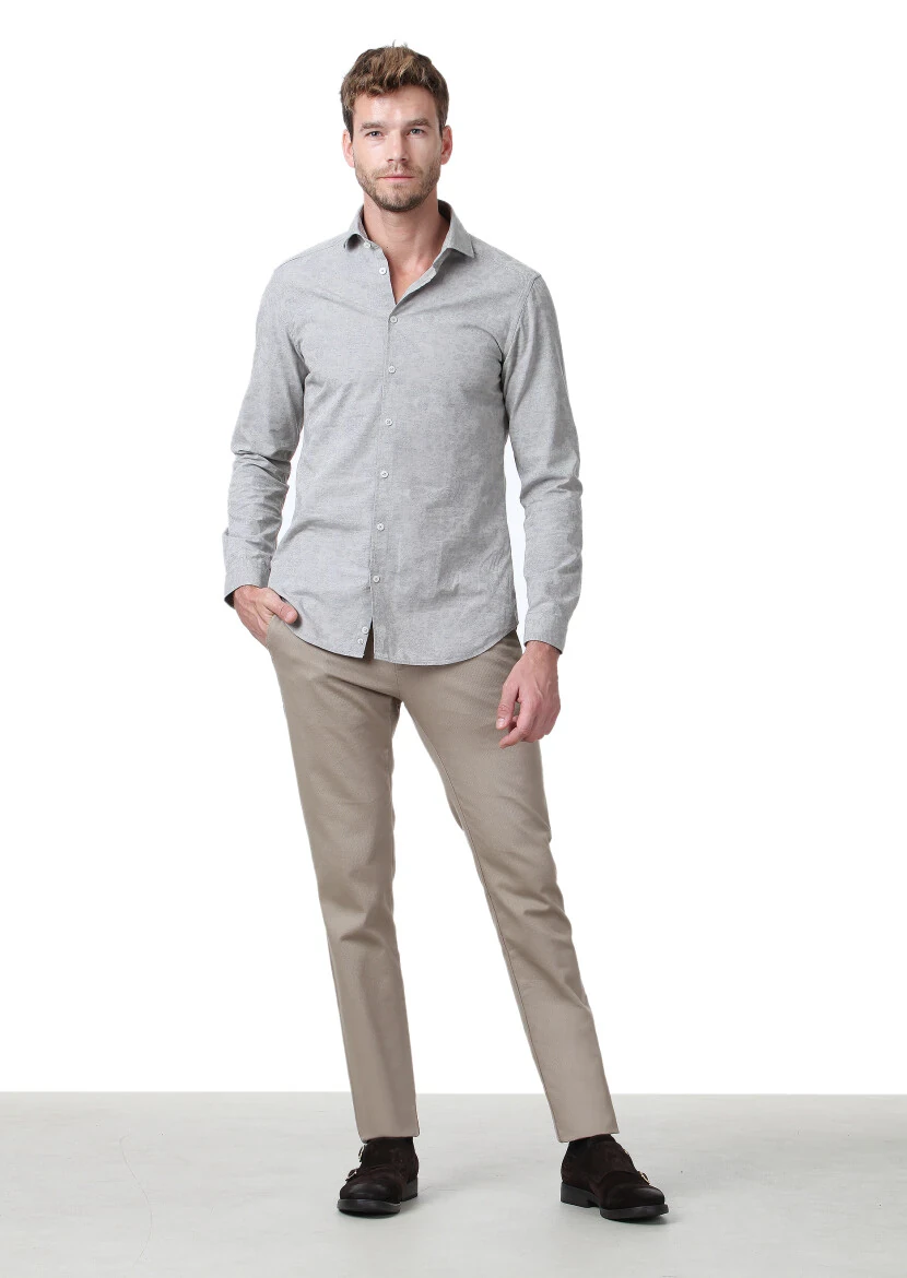 Bej Desenli Slim Fit Dokuma Casual %100 Pamuk Gömlek - 2