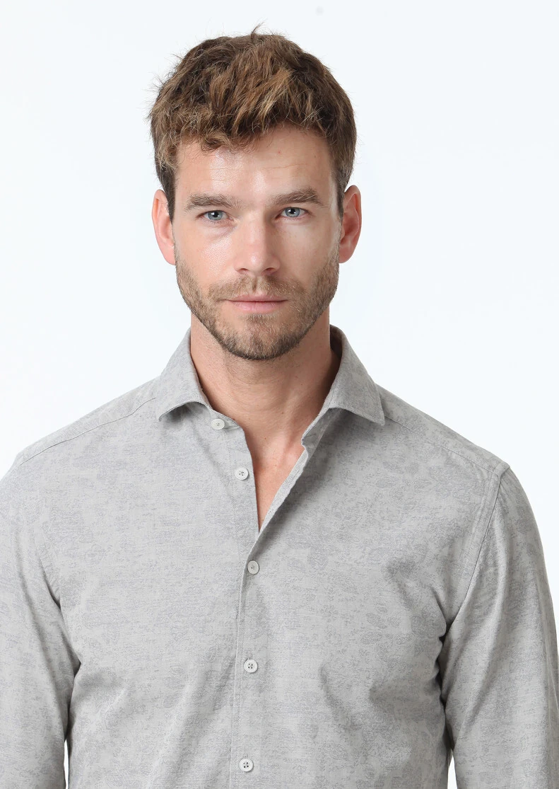 Bej Desenli Slim Fit Dokuma Casual %100 Pamuk Gömlek - 3