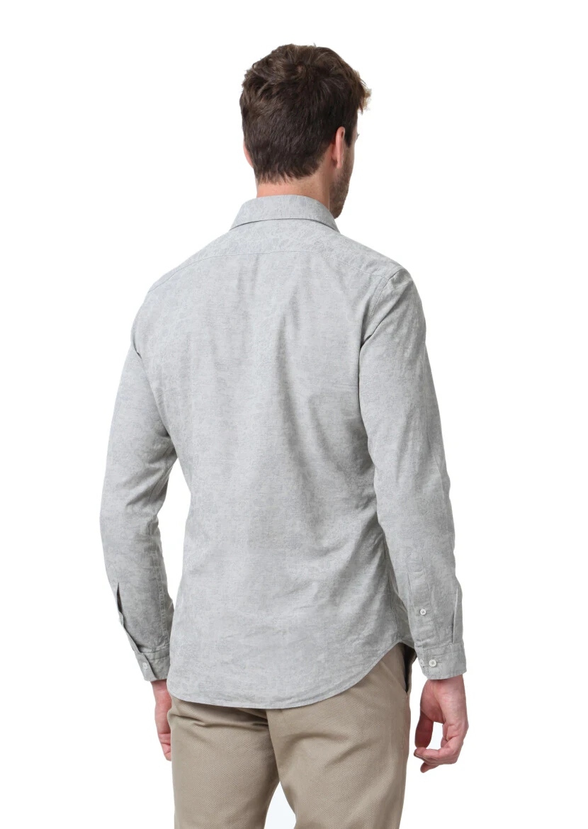 Bej Desenli Slim Fit Dokuma Casual %100 Pamuk Gömlek - 4