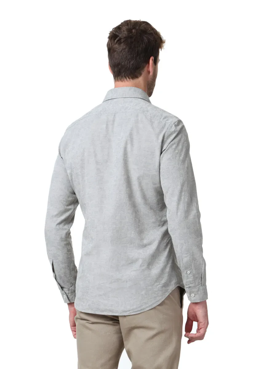 Bej Desenli Slim Fit Dokuma Casual %100 Pamuk Gömlek - 4