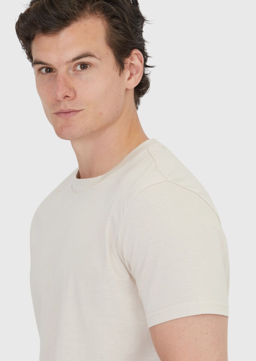 Bej Düz Bisiklet Yaka %100 Pamuk T-Shirt - 4