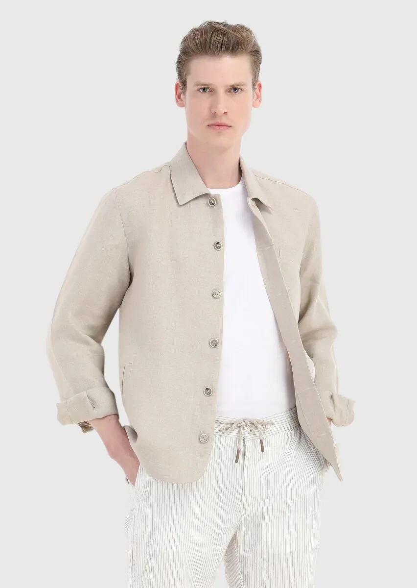 Bej Düz Casual Fit Dokuma %100 Keten Overshırt - 3