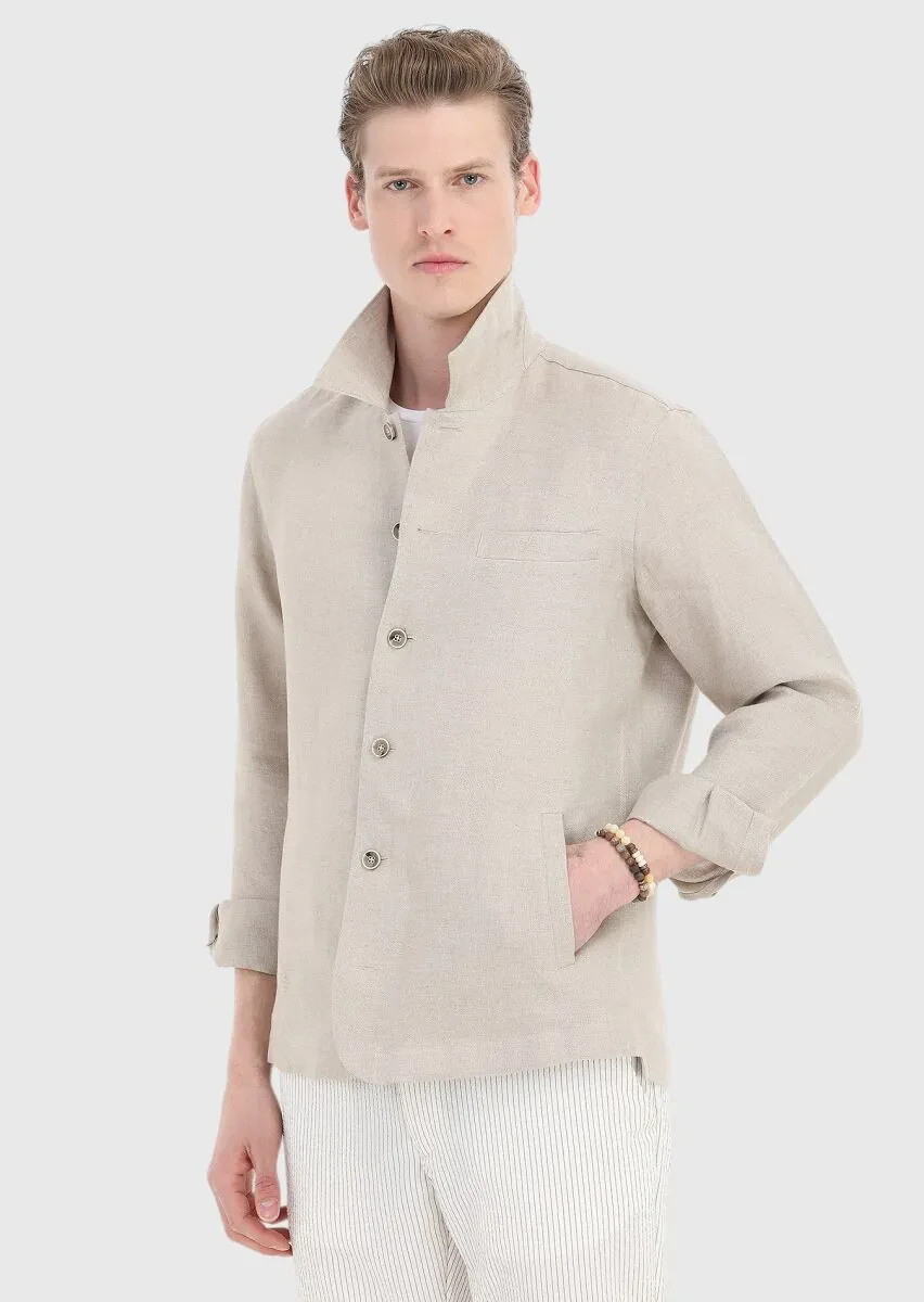 Bej Düz Casual Fit Dokuma %100 Keten Overshırt - 5