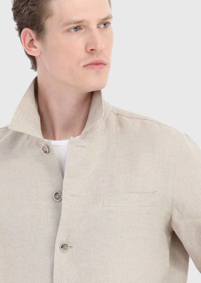 Bej Düz Casual Fit Dokuma %100 Keten Overshırt - 6
