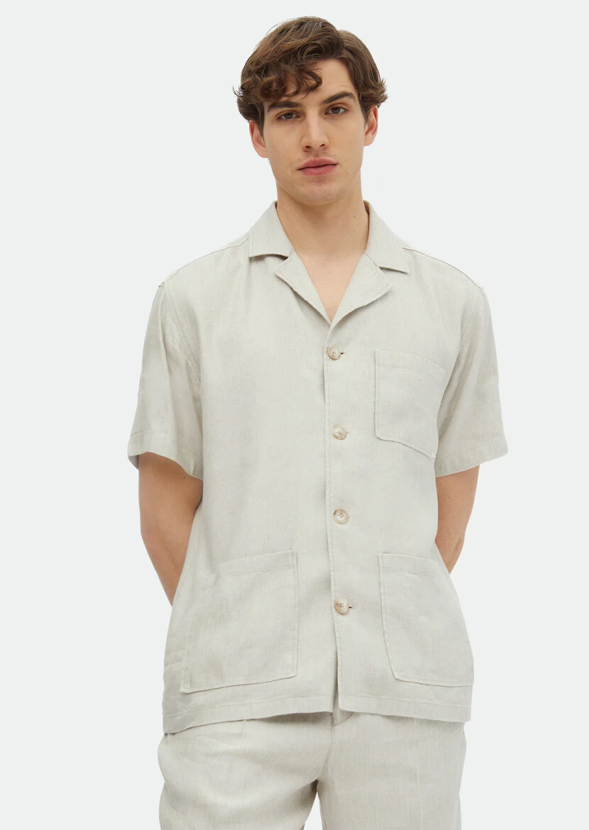 Bej Düz Casual Fit Dokuma Keten Karışımlı Overshırt - RAMSEY