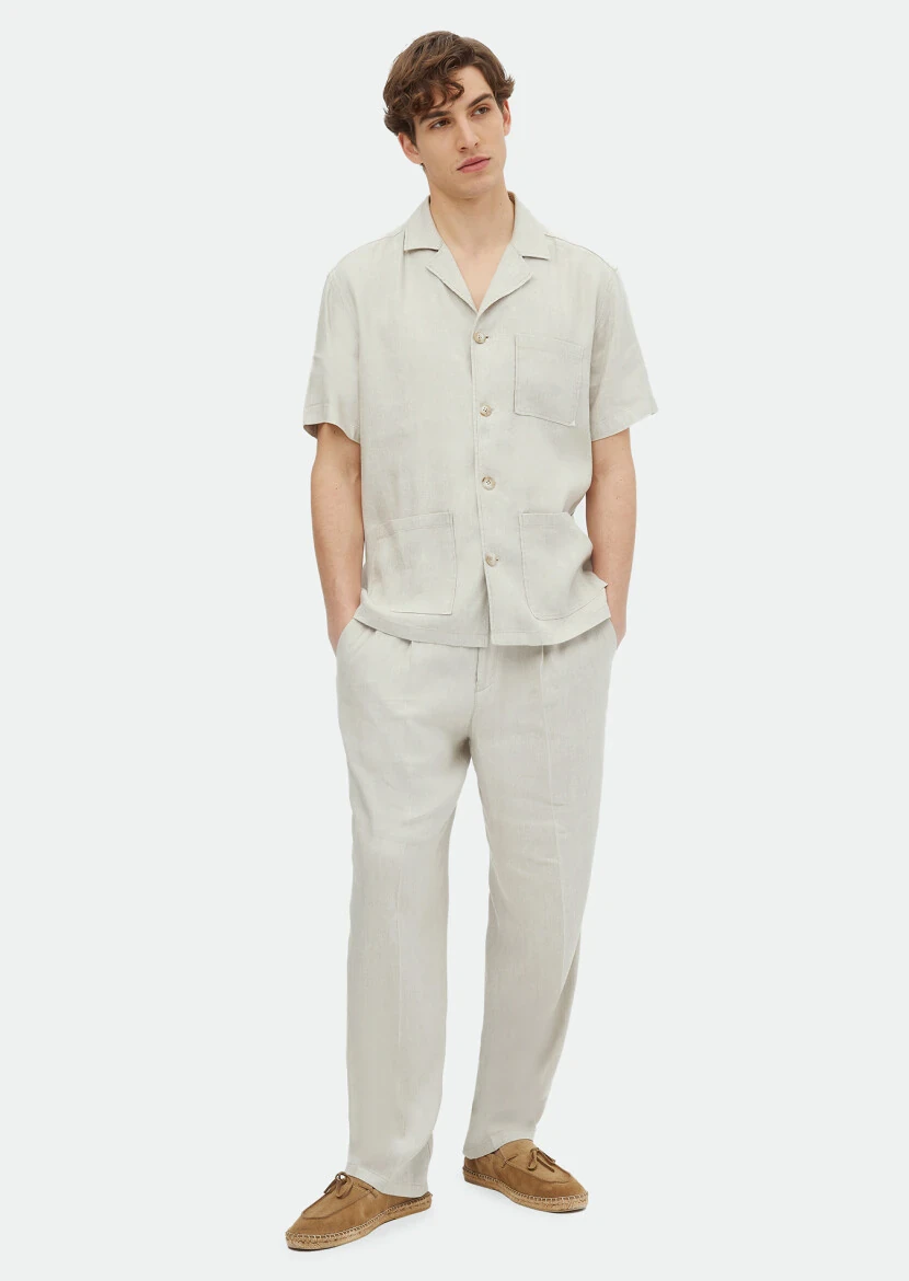 Bej Düz Casual Fit Dokuma Keten Karışımlı Overshırt - RAMSEY