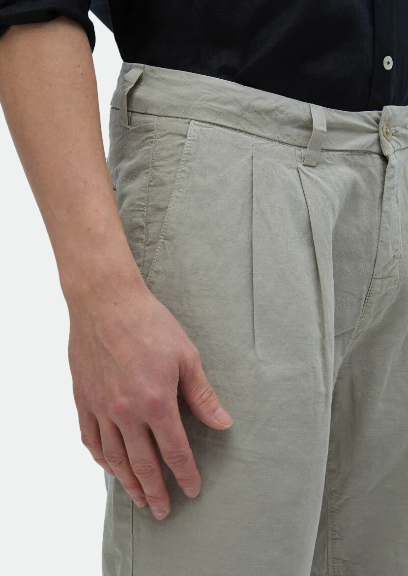 Bej Düz Dokuma Carrot Fit Casual %100 Pamuk Bermuda - 4