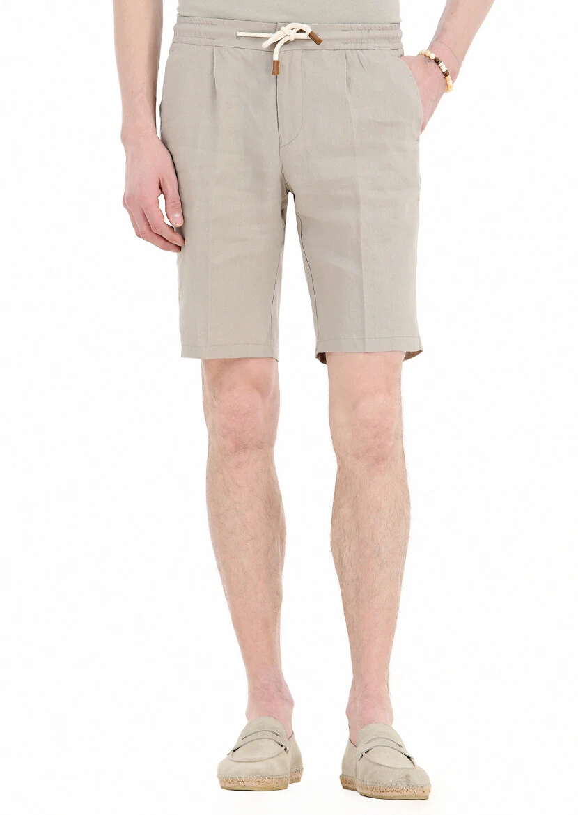 Bej Düz Dokuma Jogging Fit Casual %100 Keten Bermuda 