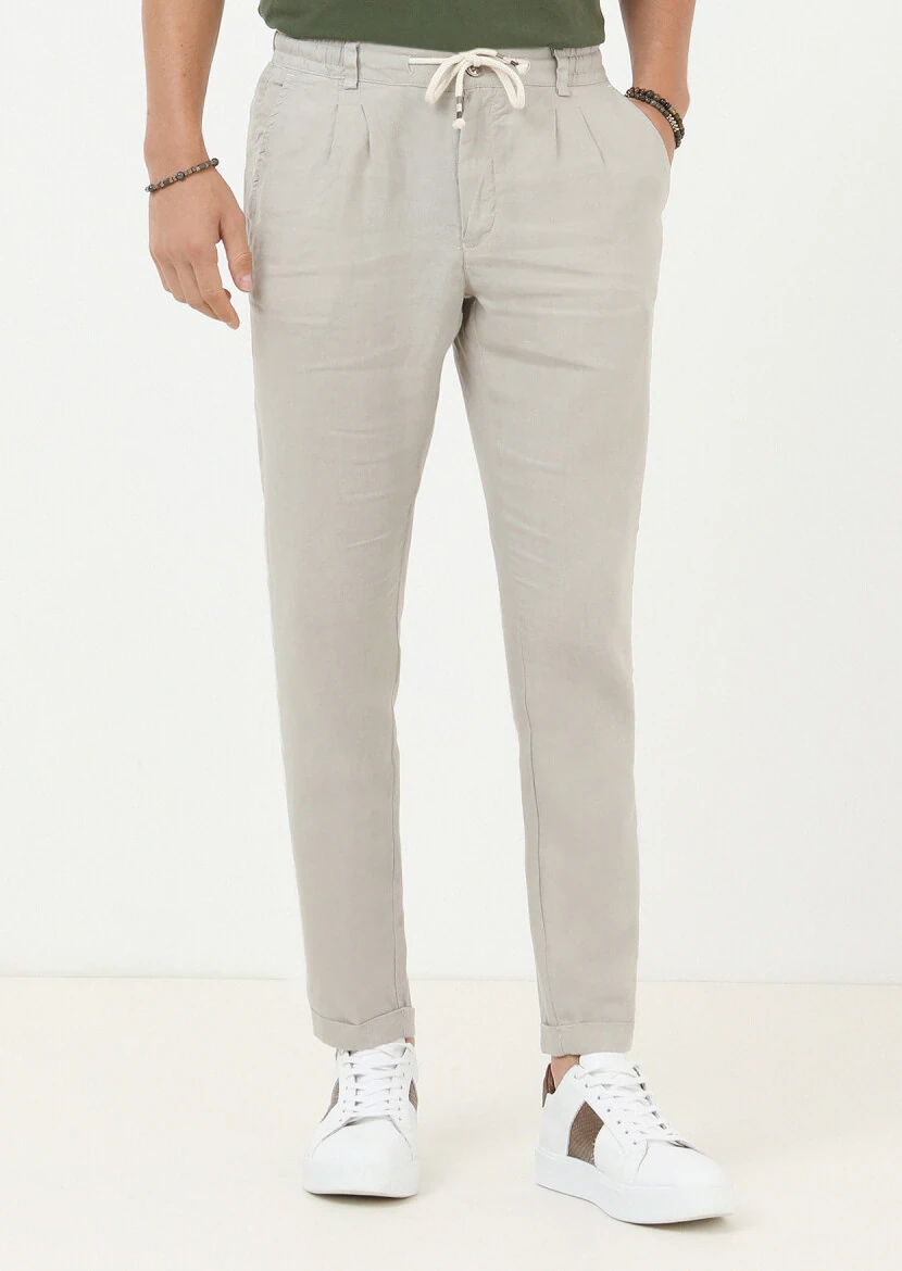 Bej Düz Dokuma Jogging Fit Casual %100 Keten Pantolon - 1