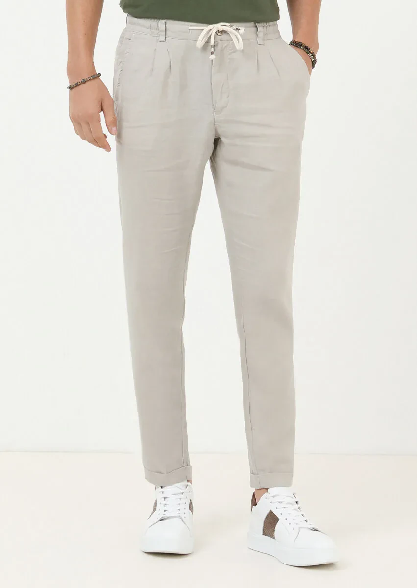 Bej Düz Dokuma Jogging Fit Casual %100 Keten Pantolon - 1