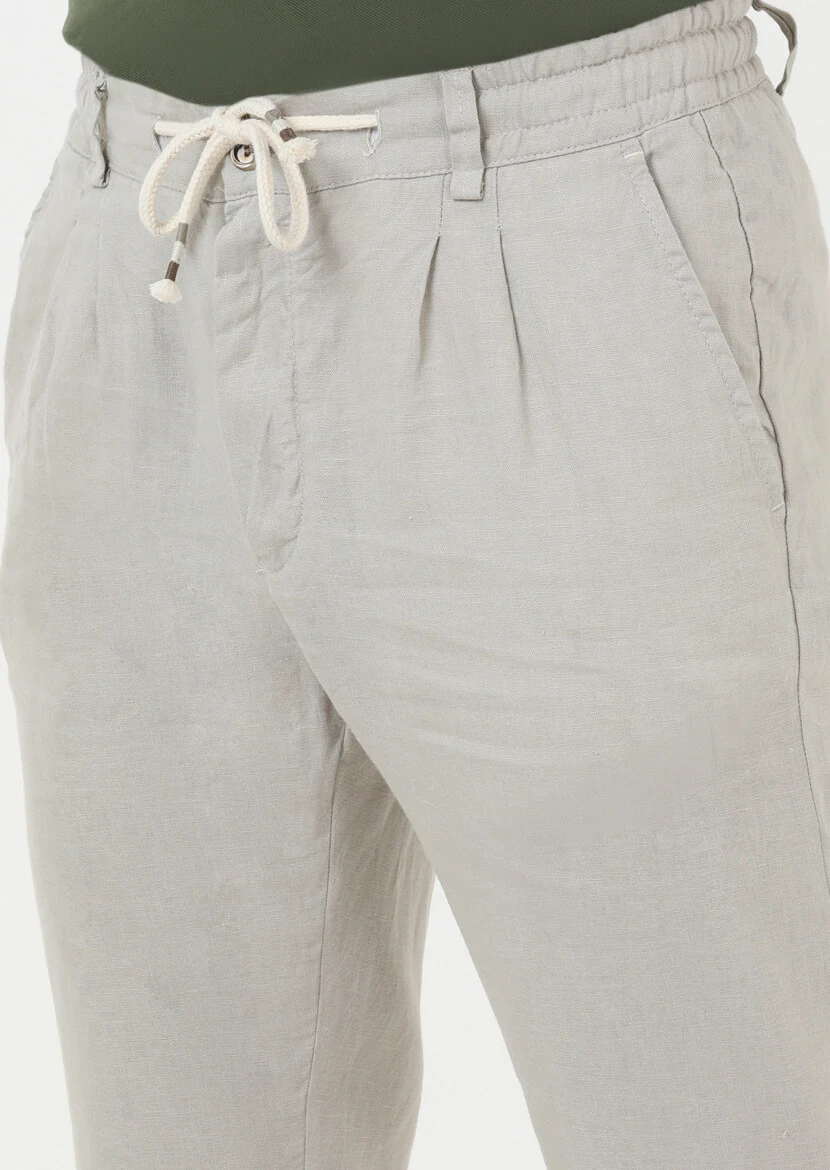 Bej Düz Dokuma Jogging Fit Casual %100 Keten Pantolon 