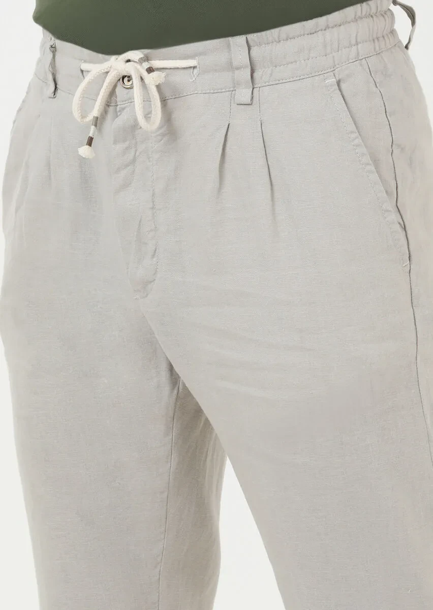 Bej Düz Dokuma Jogging Fit Casual %100 Keten Pantolon - 2