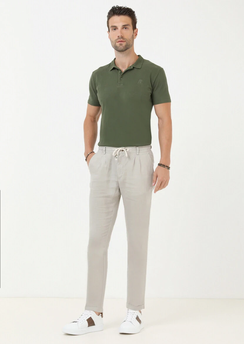 Bej Düz Dokuma Jogging Fit Casual %100 Keten Pantolon - 3