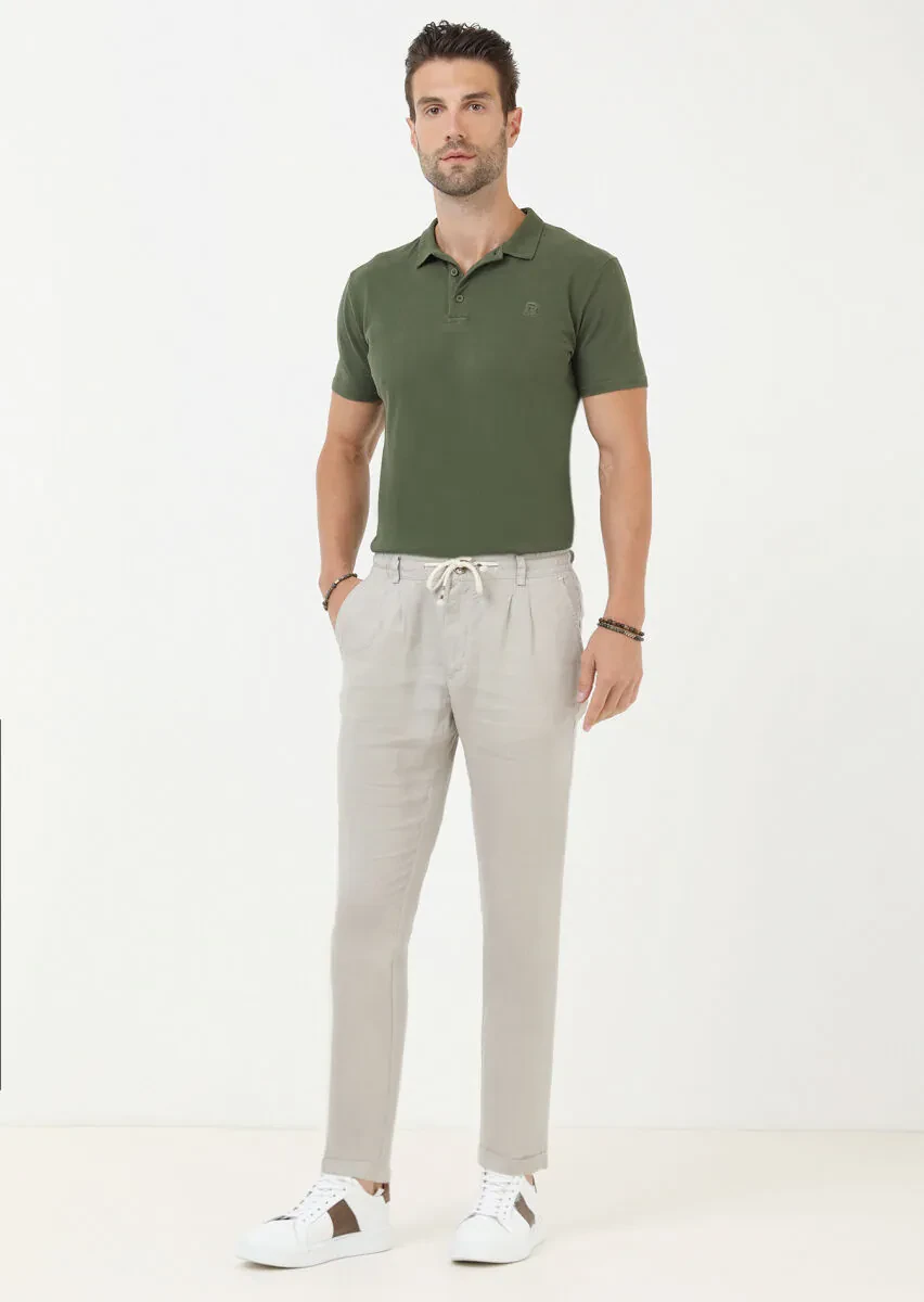 Bej Düz Dokuma Jogging Fit Casual %100 Keten Pantolon - 3