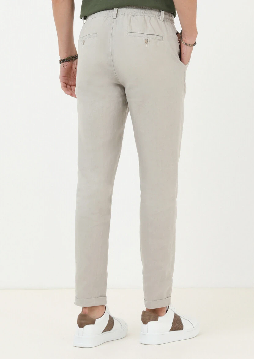 Bej Düz Dokuma Jogging Fit Casual %100 Keten Pantolon - 4