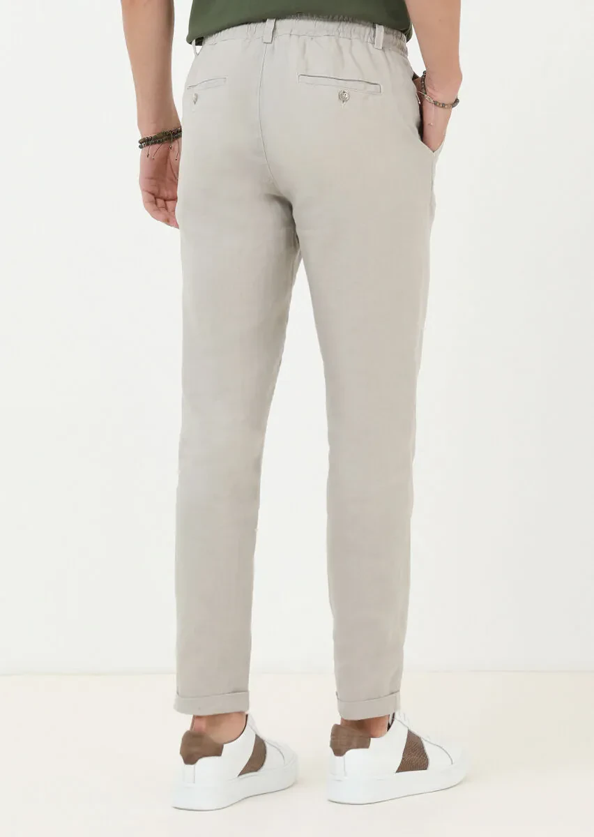 Bej Düz Dokuma Jogging Fit Casual %100 Keten Pantolon - 4