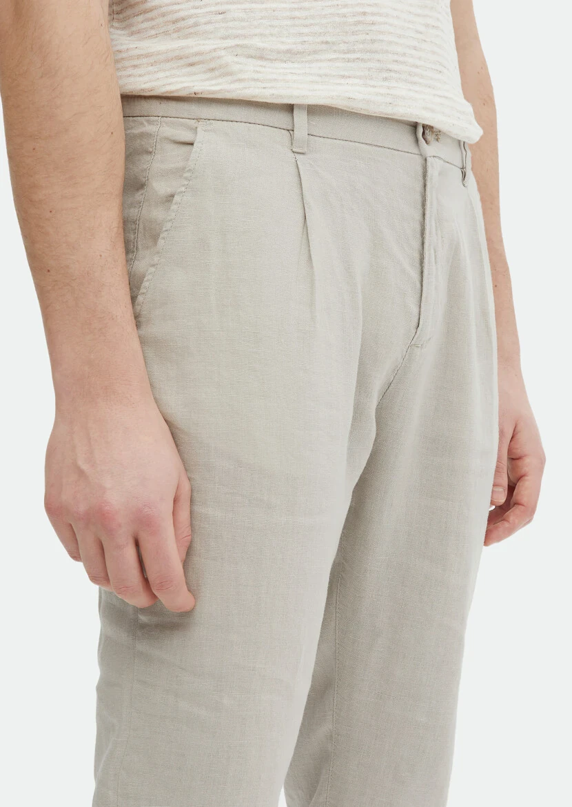 Bej Düz Dokuma Jogging Fit Casual %100 Keten Pantolon 