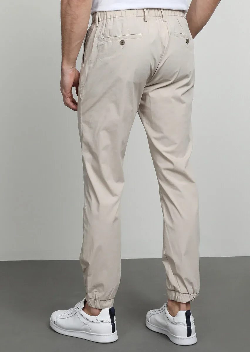 Bej Düz Dokuma Jogging Fit Casual Pamuk Karışımlı Pantolon - 4