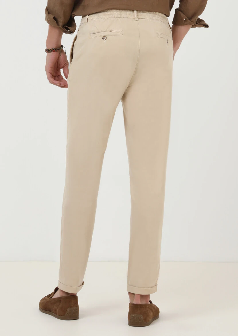 Bej Düz Dokuma Jogging Fit Casual Pamuk Karışımlı Pantolon - 4