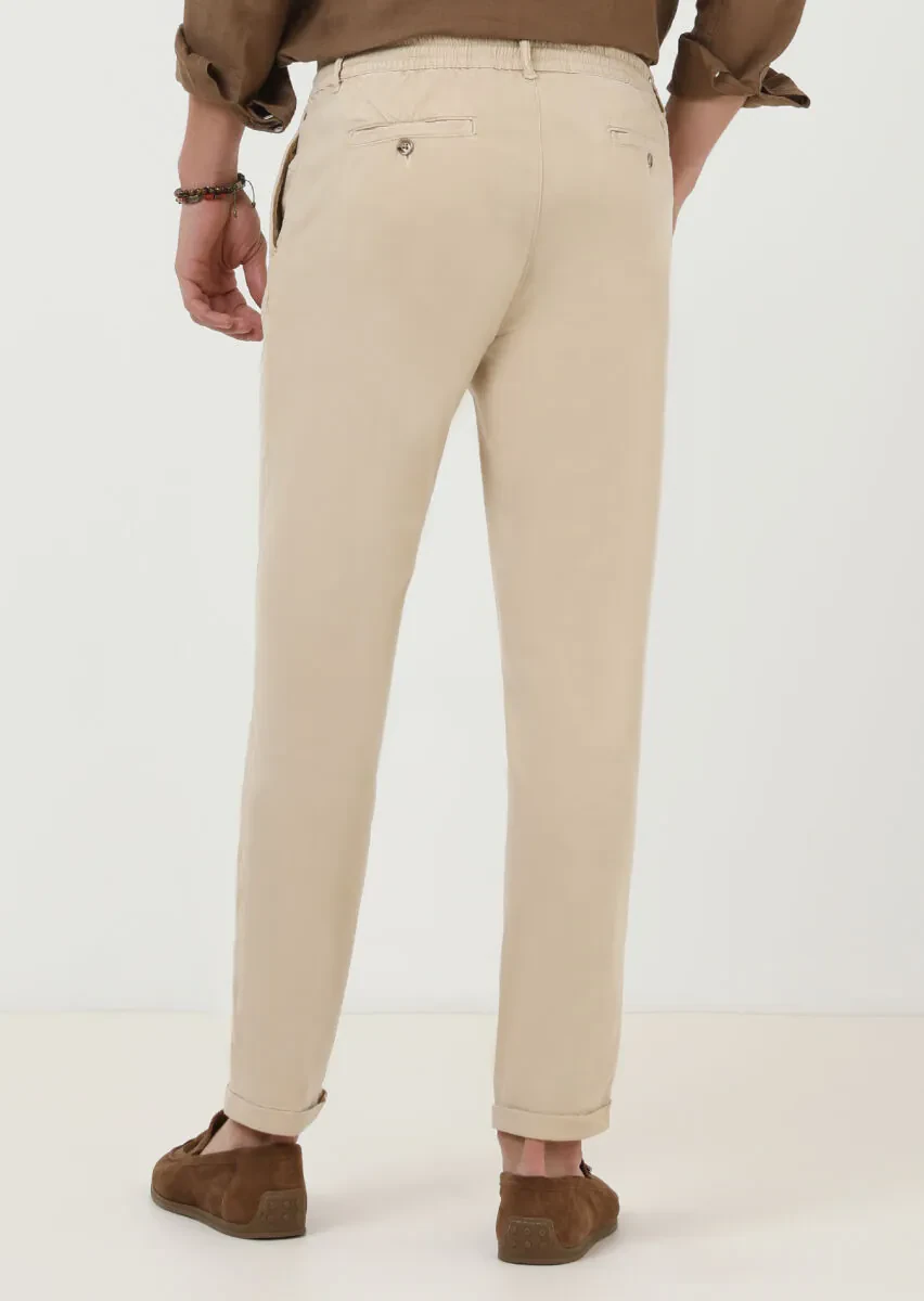 Bej Düz Dokuma Jogging Fit Casual Pamuk Karışımlı Pantolon - 4